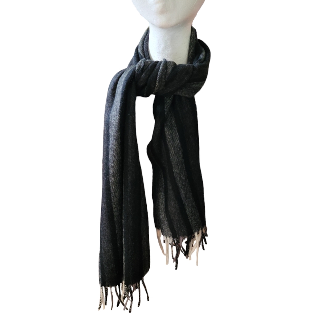 NEW Jeffrey Bank 100% Wool Scarf Black Grey Stripe Fringe Wide Winter 55 x 12in